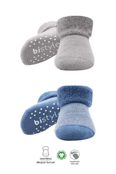 Bistyle 2'Li Çemberli Kaymaz Havlu Soket Çorap 10503 İndigo Gri