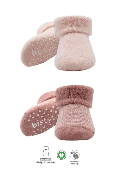 Bistyle 2'Li Çemberli Kaymaz Havlu Soket Çorap 10503 Pudra Pembe