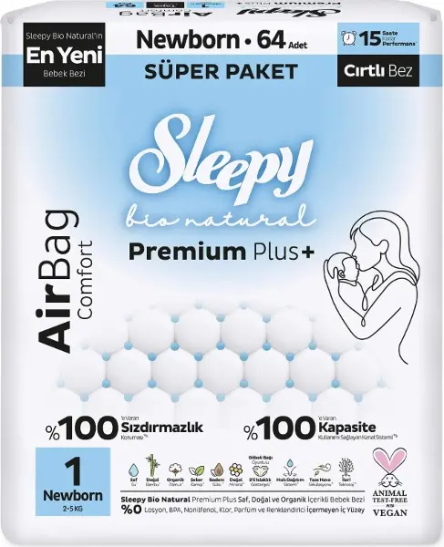 Sleepy Bio Natural Premium Plus Airbag Comfort Bebek Bezi 1 Beden 64 Adet