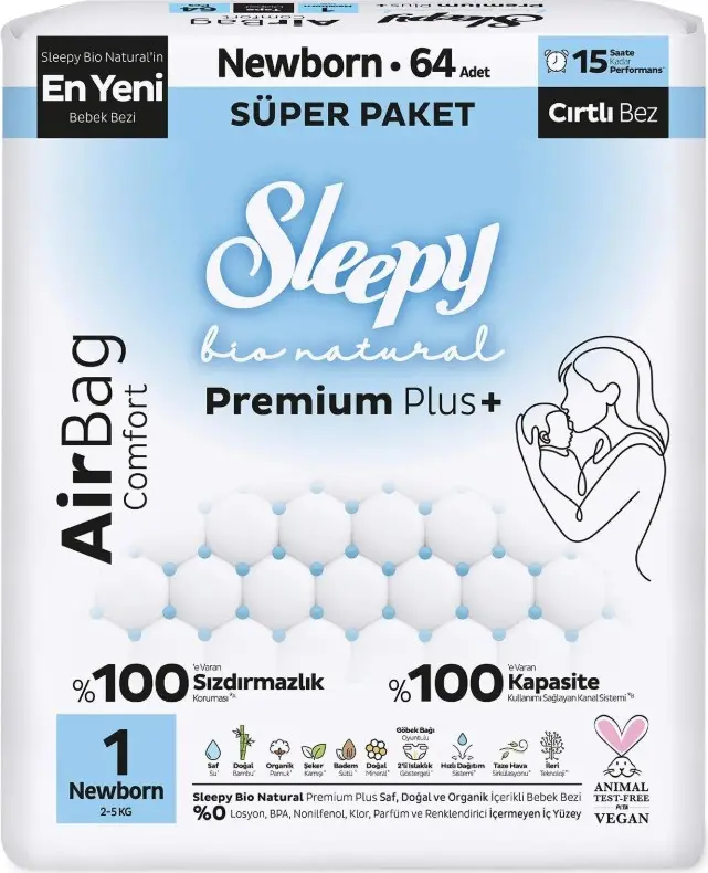 Sleepy Bio Natural Premium Plus Airbag Comfort Bebek Bezi 1 Beden 64 Adet