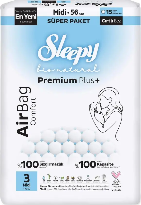 Sleepy Bio Natural Premium Plus Airbag Comfort Bebek Bezi 3 Beden 56 Adet