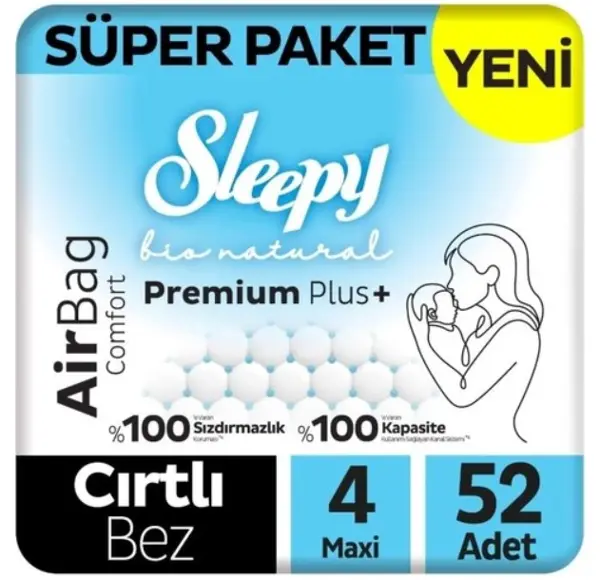 Sleepy Bio Natural Premium Plus Airbag Comfort Bebek Bezi 4 Beden 52 Adet