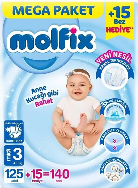 Molfix Mega Paket Bebek Bezi 3 Beden 4-9 Kg 140 Adet
