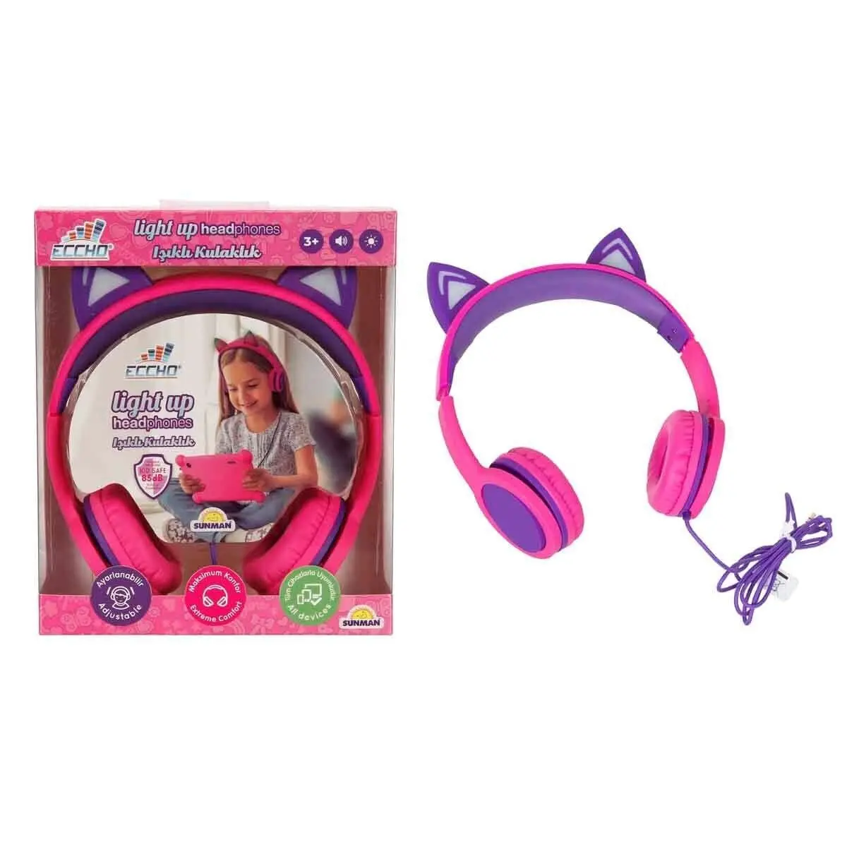S00091067 -SUN-GLE-ECH-KULAKLIK KABLOLU KEDİ ŞKL.IŞIKLI PEMBE-MOR