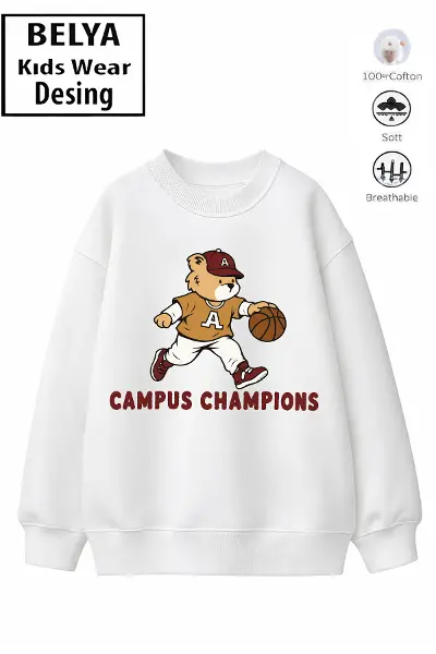 Trend Çocuk Erkek Model Tam Kalıp Oversize Basket ayıcık 2 İplik Pamuğa Pamuk Kumaş Sweatshirt 22