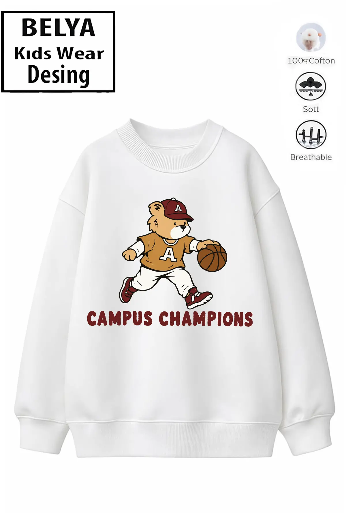 Trend Çocuk Erkek Model Tam Kalıp Oversize Basket ayıcık 2 İplik Pamuğa Pamuk Kumaş Sweatshirt 22