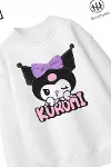 Trend Çocuk Kız Model Tam Kalıp Oversize Kuromi Tasarım 2 İplik Pamuğa Pamuk Kumaş Sweatshirt 14-2