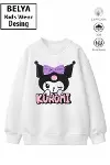 Trend Çocuk Kız Model Tam Kalıp Oversize Kuromi Tasarım 2 İplik Pamuğa Pamuk Kumaş Sweatshirt 14-1