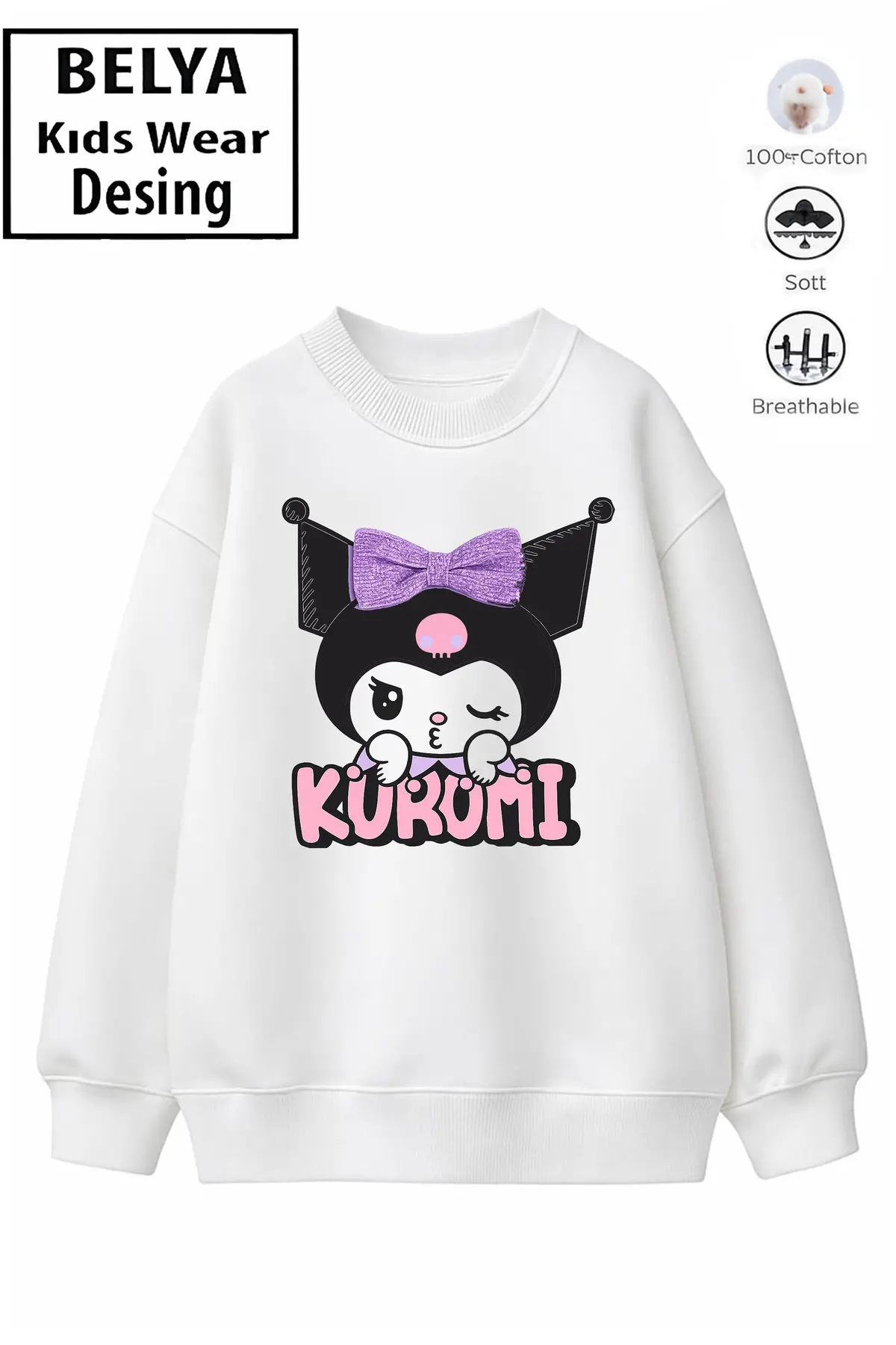 Trend Çocuk Kız Model Tam Kalıp Oversize Kuromi Tasarım 2 İplik Pamuğa Pamuk Kumaş Sweatshirt 14