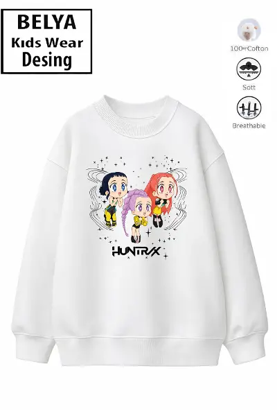 Trend Çocuk Kız Model Tam Kalıp Oversize Karikatür Hun Tasarım 2 İplik Pamuğa Pamuk Kumaş Sweatshirt 12