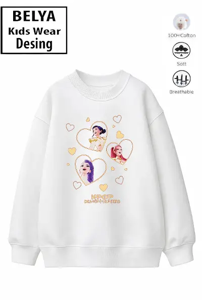 Trend Çocuk Kız Model Tam Kalıp Oversize Kalpli Hun Tasarım 2 İplik Pamuğa Pamuk Kumaş Sweatshirt 11