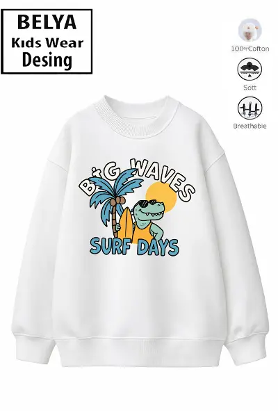 Trend Çocuk Erkek Model Tam Kalıp Oversize Dinazor Plaj 2 İplik Pamuğa Pamuk Kumaş Sweatshirt 24