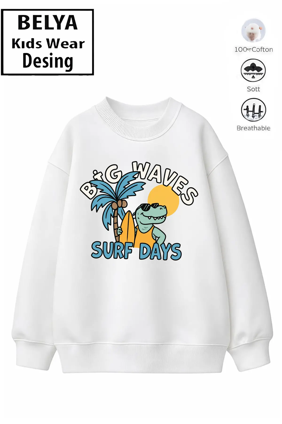 Trend Çocuk Erkek Model Tam Kalıp Oversize Dinazor Plaj 2 İplik Pamuğa Pamuk Kumaş Sweatshirt 24