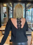 Kadın Uzun Kollu V Yakalı Pencere Sırt Dantel Detaylı Kalın Fitilli Kaşkorse Bluz-4