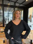 Kadın Uzun Kollu V Yakalı Pencere Sırt Dantel Detaylı Kalın Fitilli Kaşkorse Bluz-1