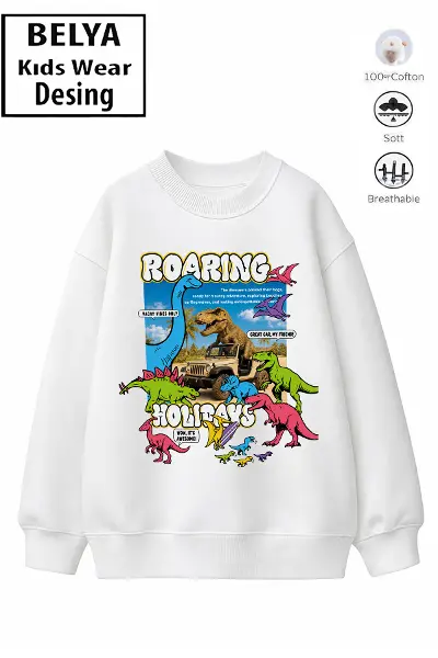 Trend Çocuk Erkek Model Tam Kalıp Oversize Dinazorlar Tasarım 2 İplik Pamuğa Pamuk Kumaş Sweatshirt 34