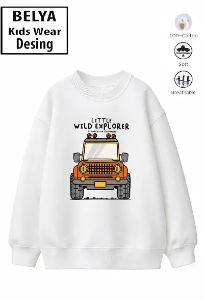 Trend Çocuk Erkek Model Tam Kalıp Oversize Araba Tasarım 2 İplik Pamuğa Pamuk Kumaş Sweatshirt 33