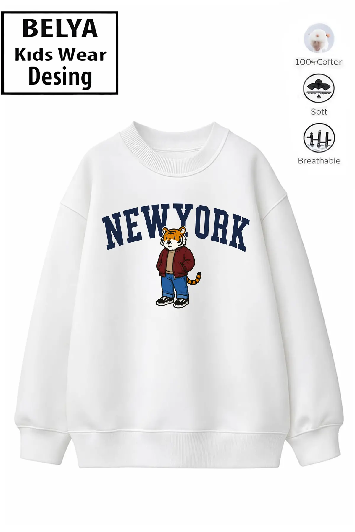 Trend Çocuk Erkek Model Tam Kalıp Oversize Kaplan 2 İplik Pamuğa Pamuk Kumaş Sweatshirt 27