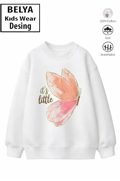 Trend Çocuk Kız Model Tam Kalıp Oversize Kelebek 2 İplik Pamuğa Pamuk Kumaş Sweatshirt 26