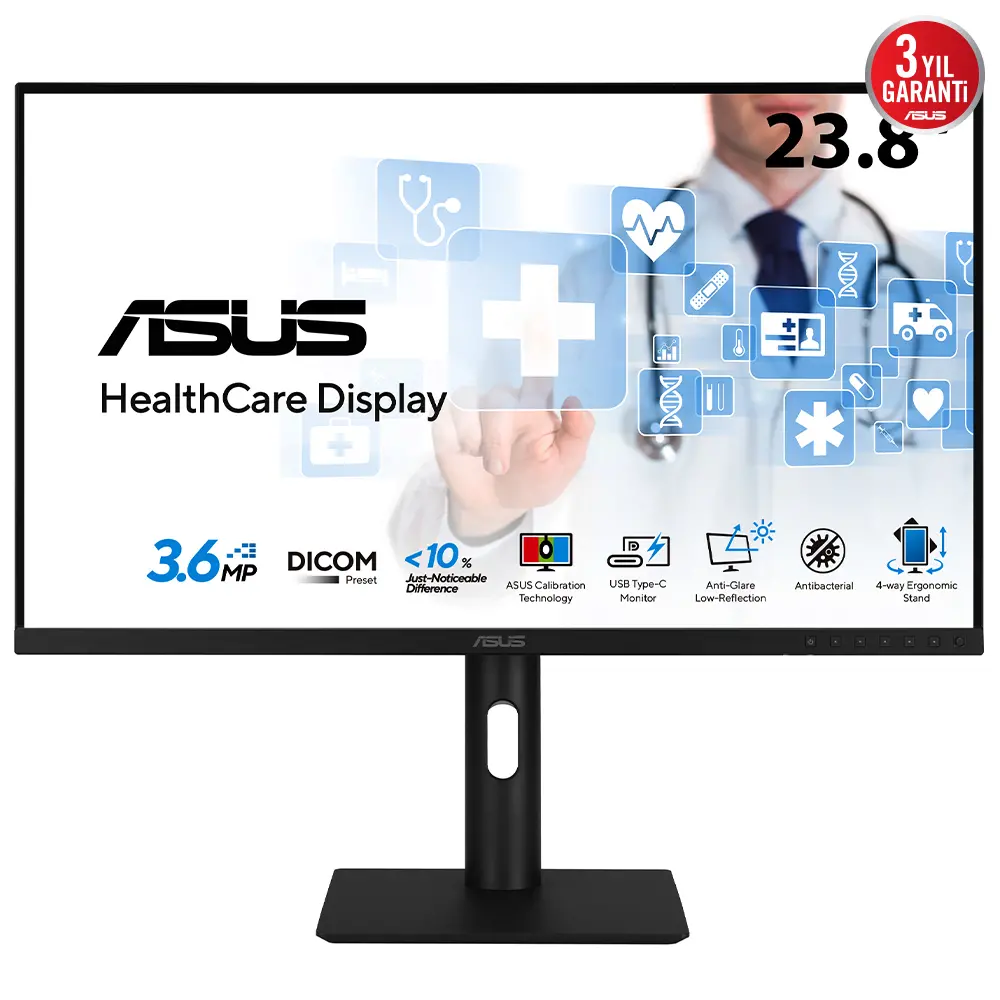 Sağlık HA2441A 23.8 IPS 2560x1440 5ms 75Hz 300cd DP HDMI USB-C VESA 3YIL AGLR DICOM Bölüm 14 GSDF DICOM Ön Ayarı Otomatik Kalibrasyon JND < %10 Antibakteriyel Kaplama USB-C HDMI DisplayPort Papatya Dizilimi İşlevi Ergonomik Stant