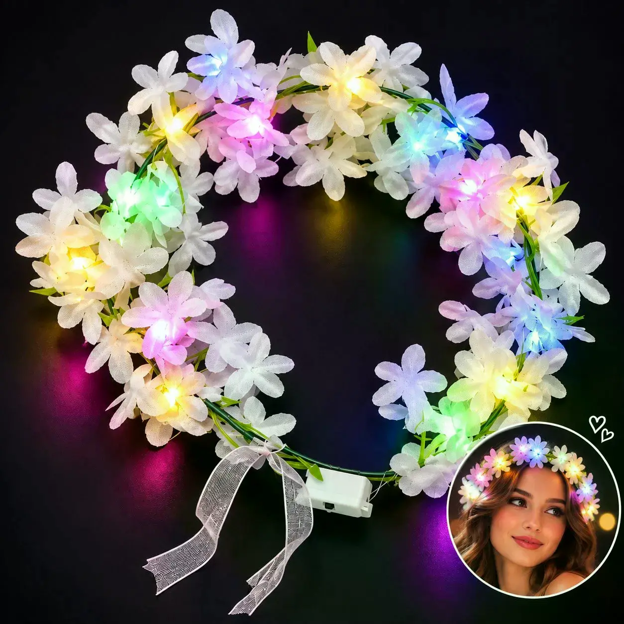 3 Modlu Işıklı Çiçekli Taç – Beyaz