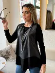 Kadın Uzun Kollu Asimetrik Kesim Viskon Bluz Ve çatlak Deri Görünümlü Yelek Ikili Takım-4