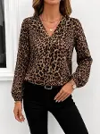 Kadın Uzun Kollu V Yakalı önden Pileli Leopar Desenli Süprem Bluz-3