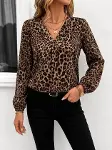 Kadın Uzun Kollu V Yakalı önden Pileli Leopar Desenli Süprem Bluz-4