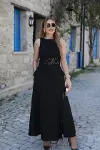 Kadın Omuzlardan Açık Yakası Açık Beli Dantelli Yırtmaçlı Uzun Janjan Krep Elbise-3