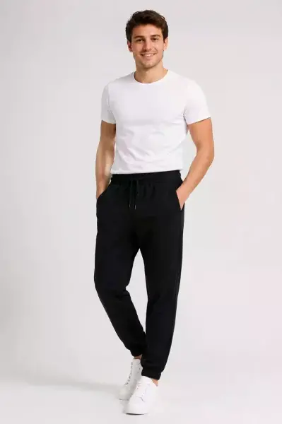 Erkek İki İplik Beli Lastikli Bağcıklı Regular Fit Jogger Eşofman Altı - Siyah