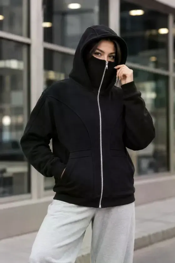 Maskeli Ninja Model Çift Kapüşonlu 3 İplik Şardonlu Fermuarlı Oversize Sweatshirt - Siyah-1 Maskeli Ninja Model Çift Kapüşonlu 3 İplik Şardonlu Fermuarlı Oversize Sweatshirt - Siyah-1