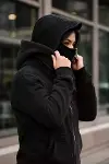Maskeli Ninja Model Çift Kapüşonlu 3 İplik Şardonlu Fermuarlı Oversize Sweatshirt - Siyah-2