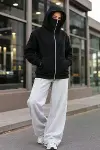 Maskeli Ninja Model Çift Kapüşonlu 3 İplik Şardonlu Fermuarlı Oversize Sweatshirt - Siyah-3