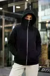 Maskeli Ninja Model Çift Kapüşonlu 3 İplik Şardonlu Fermuarlı Oversize Sweatshirt - Siyah-4