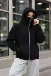 Maskeli Ninja Model Çift Kapüşonlu 3 İplik Şardonlu Fermuarlı Oversize Sweatshirt - Siyah-1