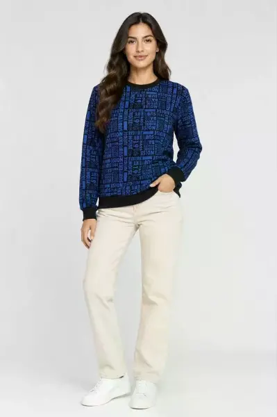 Siyah Mavi Yazı Desenli İki İplik Şardonlu Sweatshirt