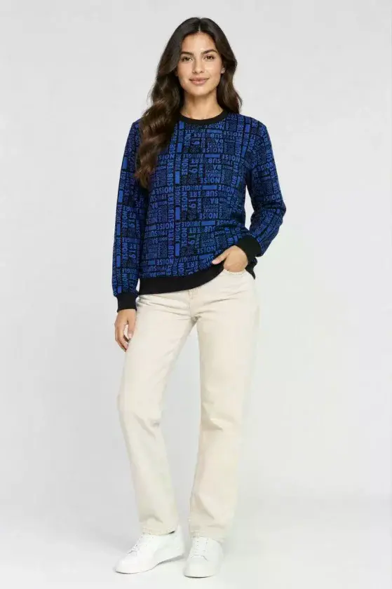 Siyah Mavi Yazı Desenli İki İplik Şardonlu Sweatshirt-1 Siyah Mavi Yazı Desenli İki İplik Şardonlu Sweatshirt-1