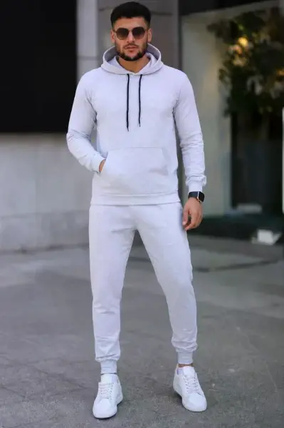 Erkek İki İplik Kapüşonlu Kanguru Cepli Sweatshirt Jogger Pantolon Alt Üst Eşofman Takımı -Beyaz