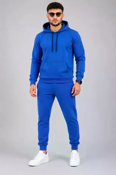 Erkek İki İplik Kapüşonlu Kanguru Cepli Sweatshirt Jogger Pantolon Alt Üst Eşofman Takımı -Saks Mavisi