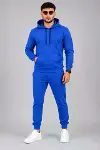 Erkek İki İplik Kapüşonlu Kanguru Cepli Sweatshirt Jogger Pantolon Alt Üst Eşofman Takımı -Saks Mavisi-4