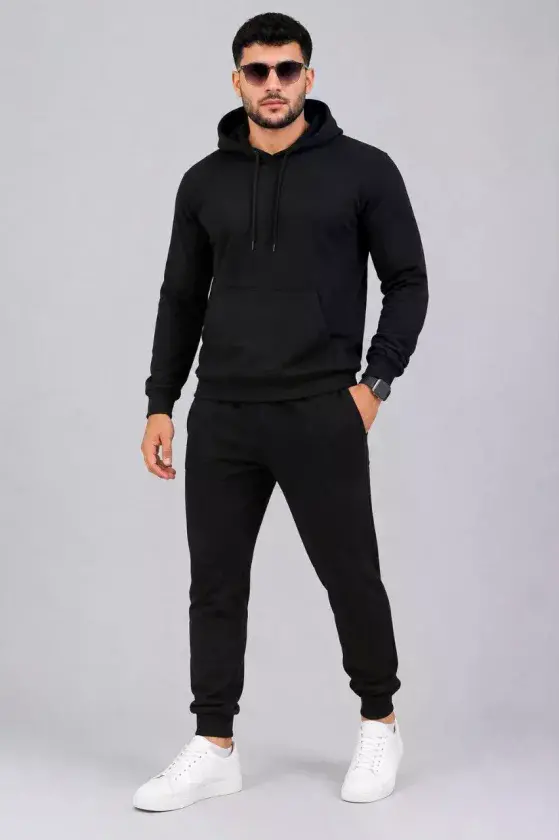 Erkek İki İplik Kapüşonlu Kanguru Cepli Sweatshirt Jogger Pantolon Alt Üst Eşofman Takımı -Siyah-1 Erkek İki İplik Kapüşonlu Kanguru Cepli Sweatshirt Jogger Pantolon Alt Üst Eşofman Takımı -Siyah-1