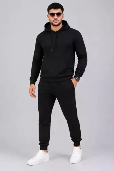 Erkek İki İplik Kapüşonlu Kanguru Cepli Sweatshirt Jogger Pantolon Alt Üst Eşofman Takımı -Siyah