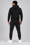 Erkek İki İplik Kapüşonlu Kanguru Cepli Sweatshirt Jogger Pantolon Alt Üst Eşofman Takımı -Siyah-2