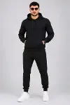 Erkek İki İplik Kapüşonlu Kanguru Cepli Sweatshirt Jogger Pantolon Alt Üst Eşofman Takımı -Siyah-4