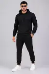Erkek İki İplik Kapüşonlu Kanguru Cepli Sweatshirt Jogger Pantolon Alt Üst Eşofman Takımı -Siyah-1