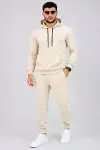 Erkek İki İplik Kapüşonlu Kanguru Cepli Sweatshirt Jogger Pantolon Alt Üst Eşofman Takımı -Bej-1