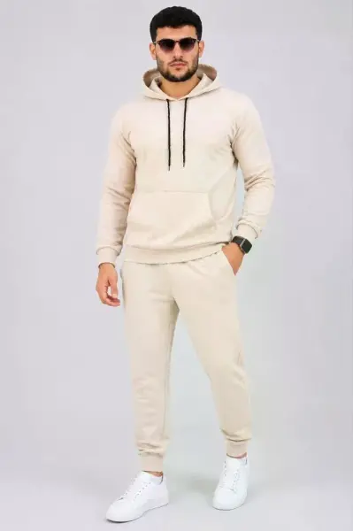 Erkek İki İplik Kapüşonlu Kanguru Cepli Sweatshirt Jogger Pantolon Alt Üst Eşofman Takımı -Bej