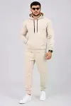 Erkek İki İplik Kapüşonlu Kanguru Cepli Sweatshirt Jogger Pantolon Alt Üst Eşofman Takımı -Bej-3