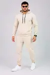 Erkek İki İplik Kapüşonlu Kanguru Cepli Sweatshirt Jogger Pantolon Alt Üst Eşofman Takımı -Bej-4