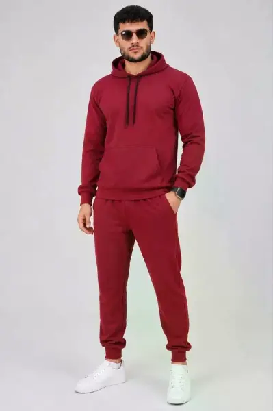 Erkek İki İplik Kapüşonlu Kanguru Cepli Sweatshirt Jogger Pantolon Alt Üst Eşofman Takımı -Bordo